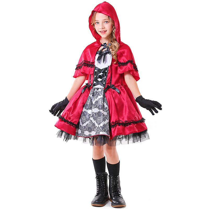 Girls red satin hooded cape costume with lace-up bodice, damask print panel and black tulle hem