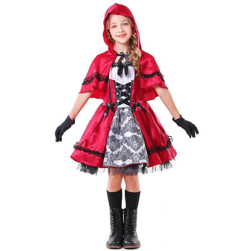 Girls red satin hooded cape costume with lace-up bodice, damask print panel and black tulle hem - view 3