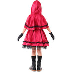 Girls red satin hooded cape costume with lace-up bodice, damask print panel and black tulle hem - view 4