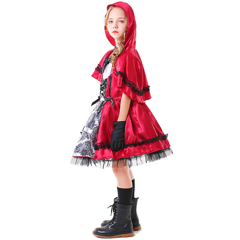 Girls red satin hooded cape costume with lace-up bodice, damask print panel and black tulle hem - view 5