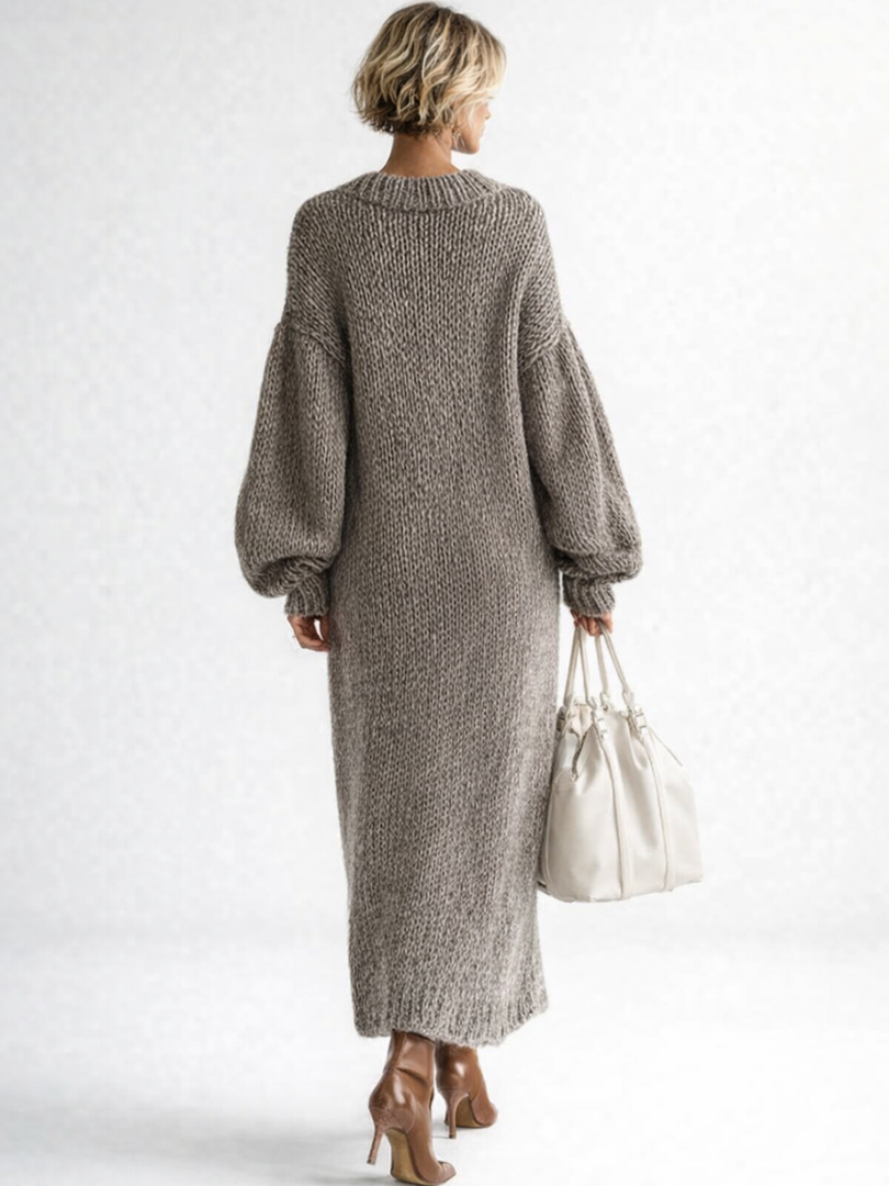 Chunky knit oversized maxi sweater dress with crew neck and balloon sleeves - view 3