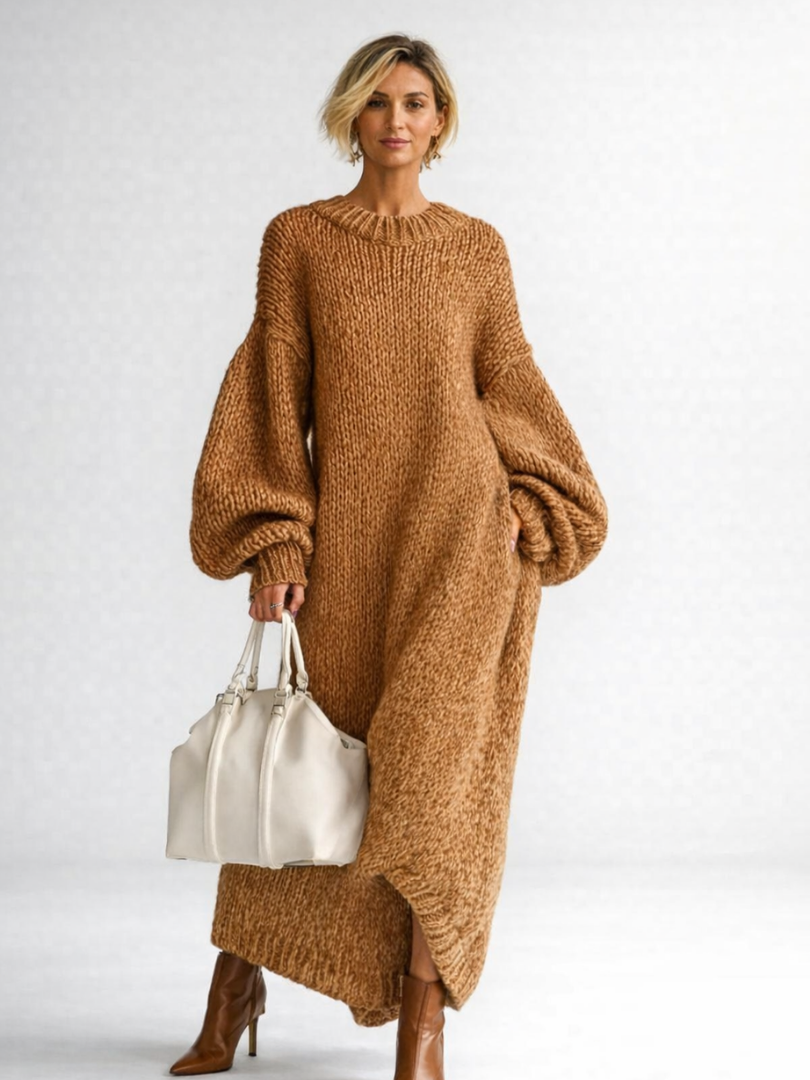 Chunky knit oversized maxi sweater dress with crew neck and balloon sleeves - view 7