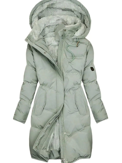 Women's long quilted hooded winter coat with fleece lining and drawstring waist
