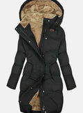 Women's long quilted hooded winter coat with fleece lining and drawstring waist - view 2