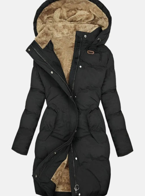 Women's long quilted hooded winter coat with fleece lining and drawstring waist - view 2