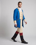 Men's colonial Halloween costume with blue tailcoat, gold buttons, cream vest and banded pants