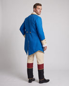Men's colonial Halloween costume with blue tailcoat, gold buttons, cream vest and banded pants - view 2