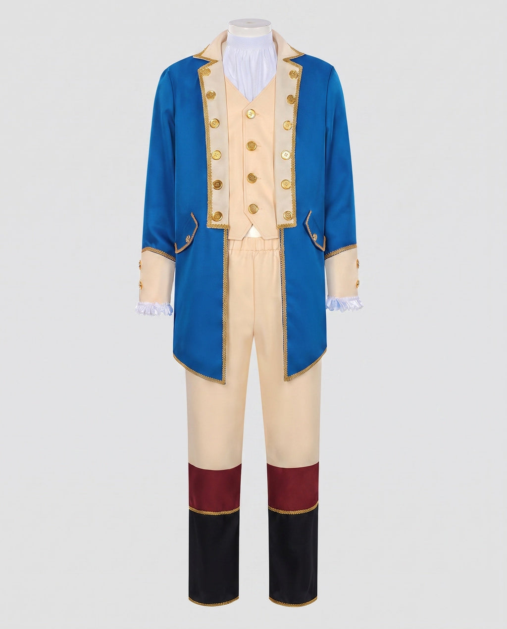 Men's colonial Halloween costume with blue tailcoat, gold buttons, cream vest and banded pants - view 3