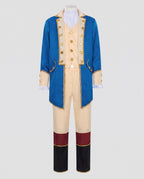 Men's colonial Halloween costume with blue tailcoat, gold buttons, cream vest and banded pants - view 3