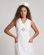 Women's sexy nurse Halloween costume mini dress with wide collar, red cross, hat and patterned stockings - view 2