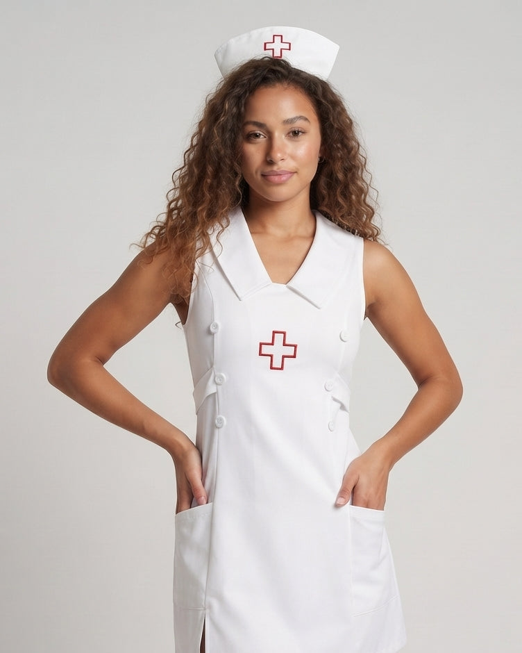 Women's sexy nurse Halloween costume mini dress with wide collar, red cross, hat and patterned stockings - view 2