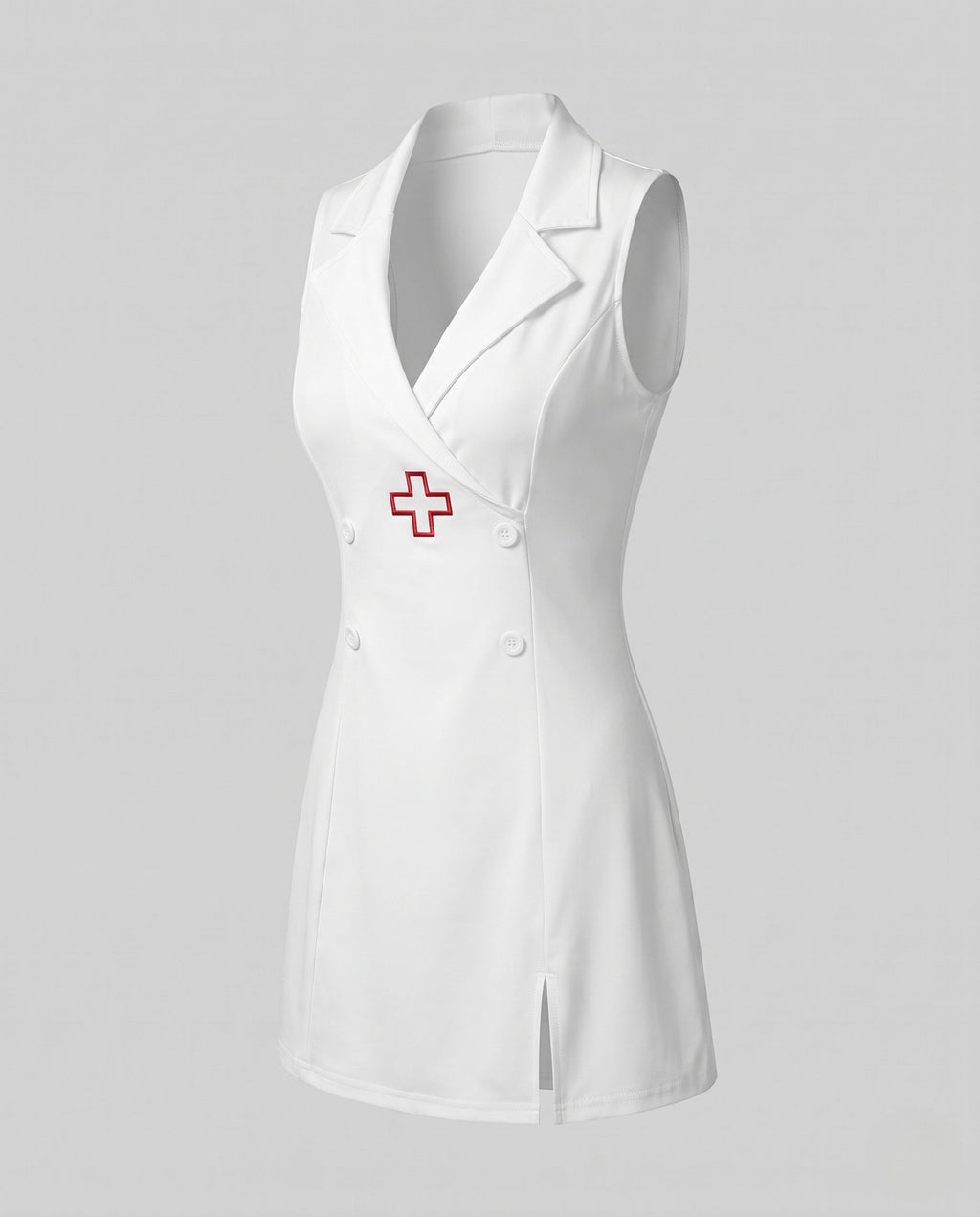 Women's sexy nurse Halloween costume mini dress with wide collar, red cross, hat and patterned stockings - view 5