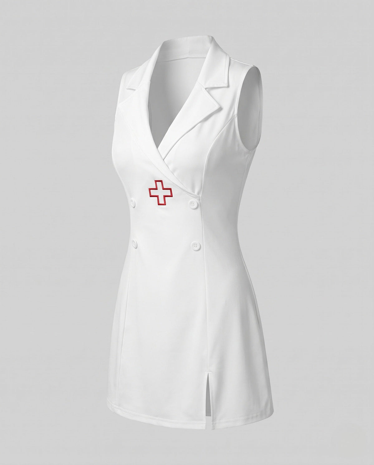 Women's sexy nurse Halloween costume mini dress with wide collar, red cross, hat and patterned stockings - view 5