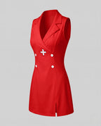 Women's sexy nurse Halloween costume mini dress with wide collar, red cross, hat and patterned stockings - view 7