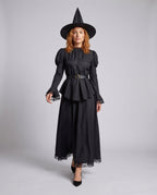Women's black witch costume dress with lace collar, puff sleeves, peplum and maxi skirt