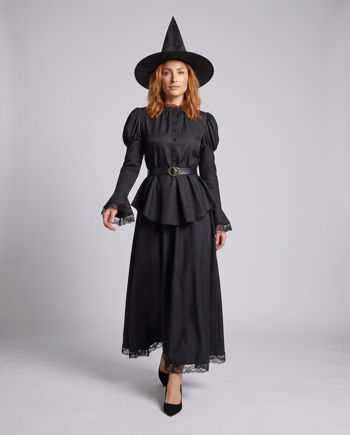 Women's black witch costume dress with lace collar, puff sleeves, peplum and maxi skirt