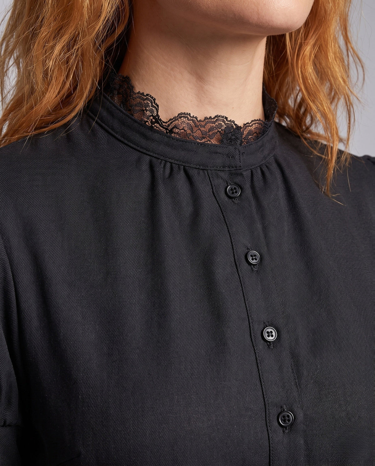 Women's black witch costume dress with lace collar, puff sleeves, peplum and maxi skirt - view 2