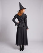 Women's black witch costume dress with lace collar, puff sleeves, peplum and maxi skirt - view 3
