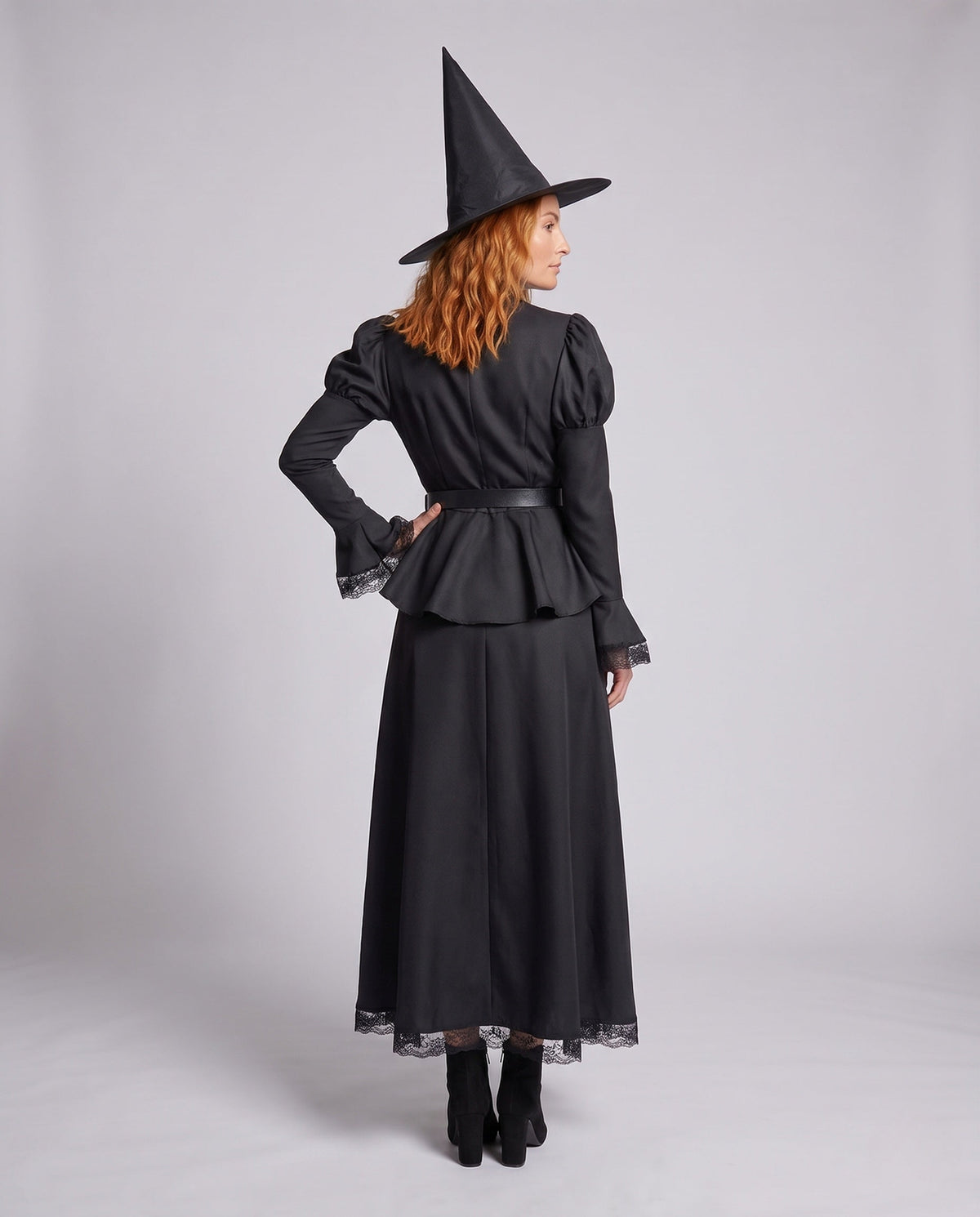 Women's black witch costume dress with lace collar, puff sleeves, peplum and maxi skirt - view 3
