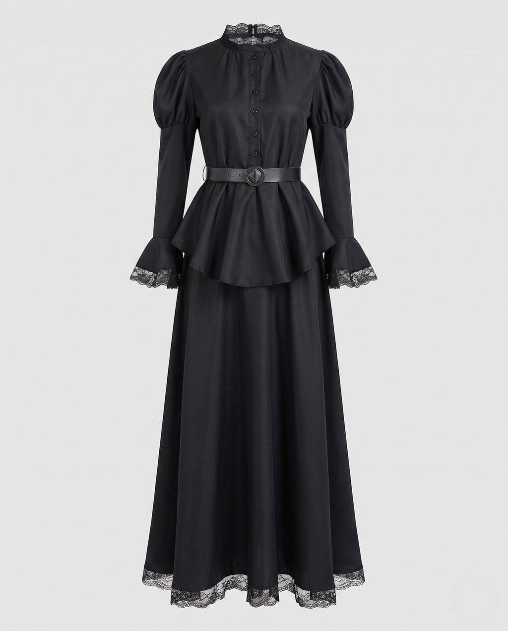 Women's black witch costume dress with lace collar, puff sleeves, peplum and maxi skirt - view 4