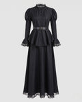 Women's black witch costume dress with lace collar, puff sleeves, peplum and maxi skirt - view 4
