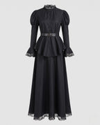 Women's black witch costume dress with lace collar, puff sleeves, peplum and maxi skirt - view 4