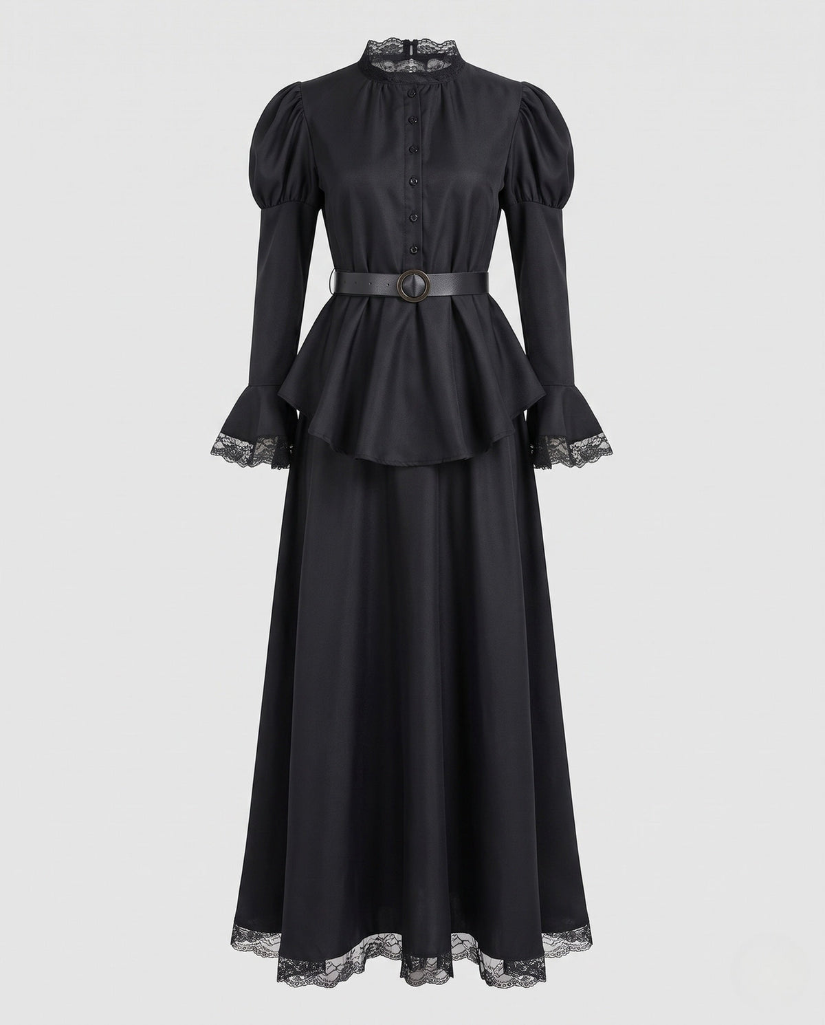 Women's black witch costume dress with lace collar, puff sleeves, peplum and maxi skirt - view 4