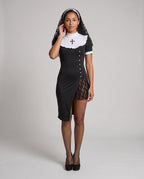 Black nun Halloween costume dress with white ruffled bib, embroidered cross, lace slit and lace veil