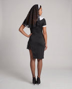 Black nun Halloween costume dress with white ruffled bib, embroidered cross, lace slit and lace veil - view 3