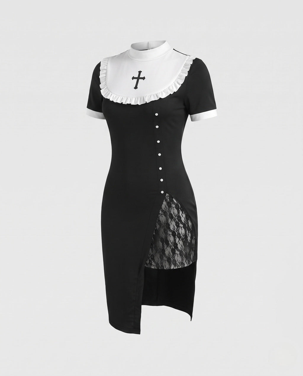 Black nun Halloween costume dress with white ruffled bib, embroidered cross, lace slit and lace veil - view 4