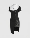 Black nun Halloween costume dress with white ruffled bib, embroidered cross, lace slit and lace veil - view 4