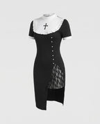 Black nun Halloween costume dress with white ruffled bib, embroidered cross, lace slit and lace veil - view 4