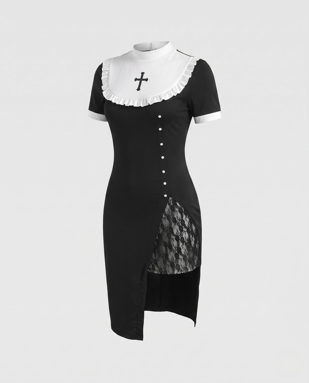 Black nun Halloween costume dress with white ruffled bib, embroidered cross, lace slit and lace veil - view 4