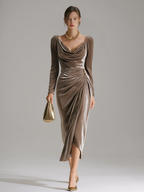 Long sleeve cowl neck velvet midi dress with ruched waist and draped slit skirt - view 3