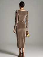 Long sleeve cowl neck velvet midi dress with ruched waist and draped slit skirt - view 4