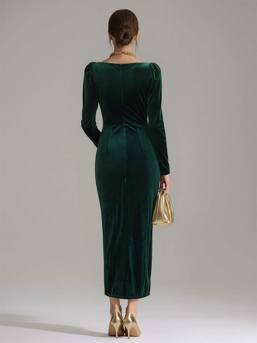 Long sleeve cowl neck velvet midi dress with ruched waist and draped slit skirt - view 6
