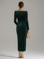 Long sleeve cowl neck velvet midi dress with ruched waist and draped slit skirt - view 6