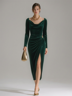 Long sleeve cowl neck velvet midi dress with ruched waist and draped slit skirt - view 7