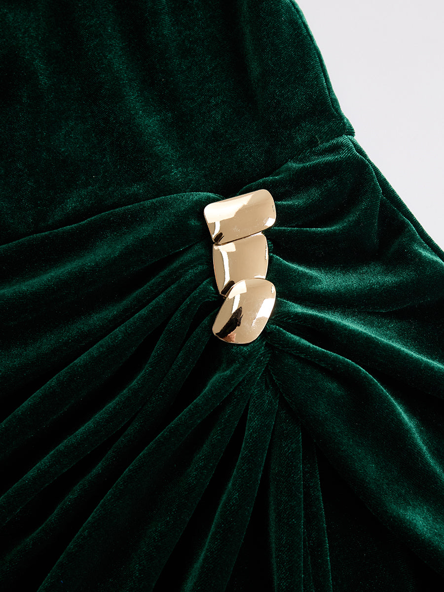 Long sleeve cowl neck velvet midi dress with ruched waist and draped slit skirt - view 8