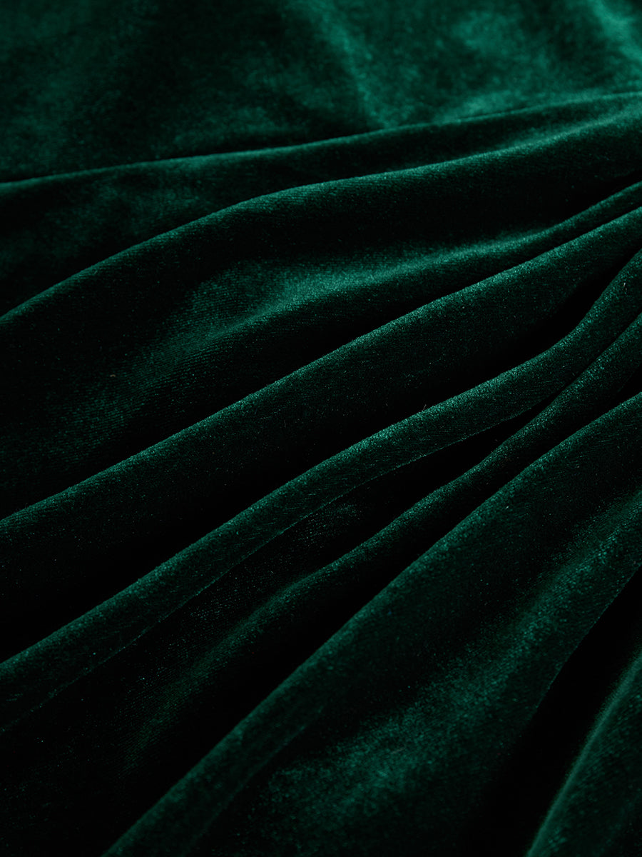 Long sleeve cowl neck velvet midi dress with ruched waist and draped slit skirt - view 9