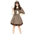 Brown plaid detective Halloween costume with capelet, bow, cream puff-sleeve blouse and ruffle-hem skirt - view 2