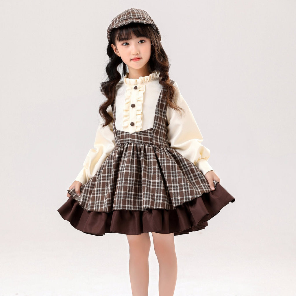 Brown plaid detective Halloween costume with capelet, bow, cream puff-sleeve blouse and ruffle-hem skirt - view 3