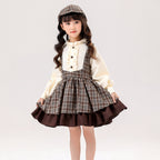 Brown plaid detective Halloween costume with capelet, bow, cream puff-sleeve blouse and ruffle-hem skirt - view 3