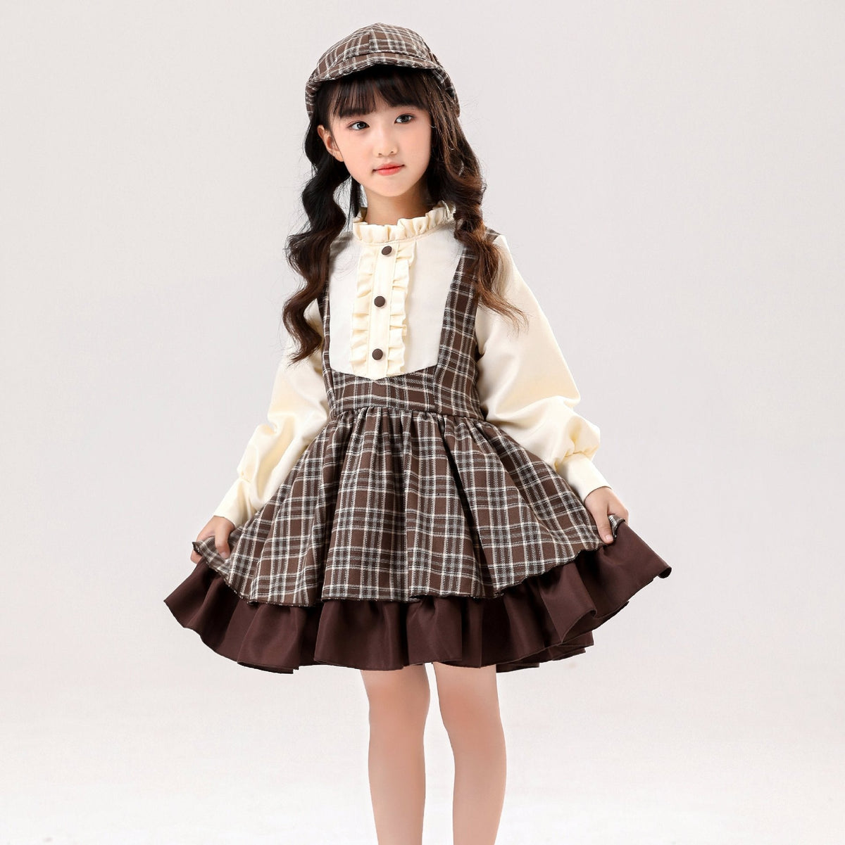 Brown plaid detective Halloween costume with capelet, bow, cream puff-sleeve blouse and ruffle-hem skirt - view 3