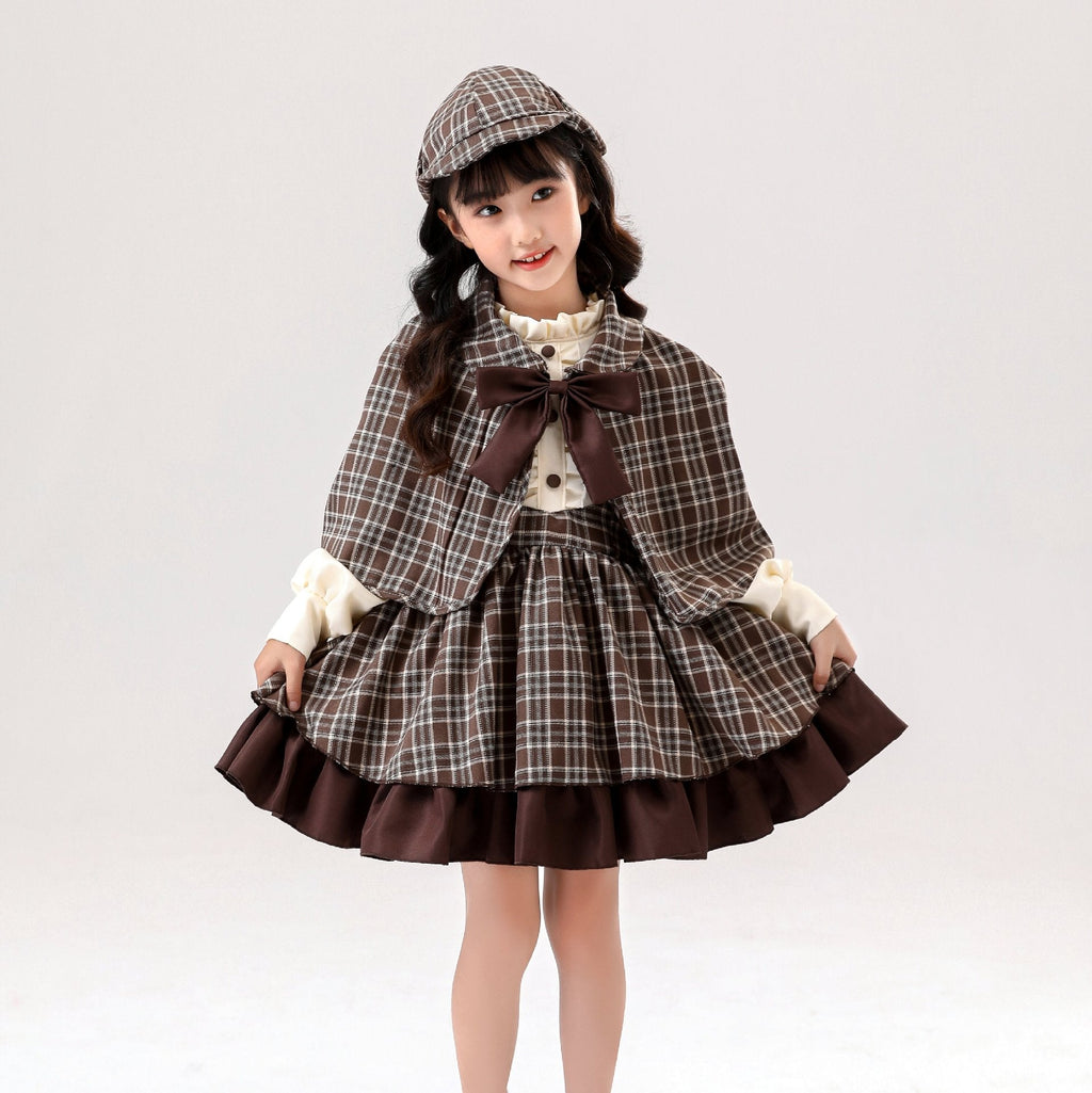 Brown plaid detective Halloween costume with capelet, bow, cream puff-sleeve blouse and ruffle-hem skirt - view 4