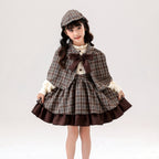 Brown plaid detective Halloween costume with capelet, bow, cream puff-sleeve blouse and ruffle-hem skirt - view 4