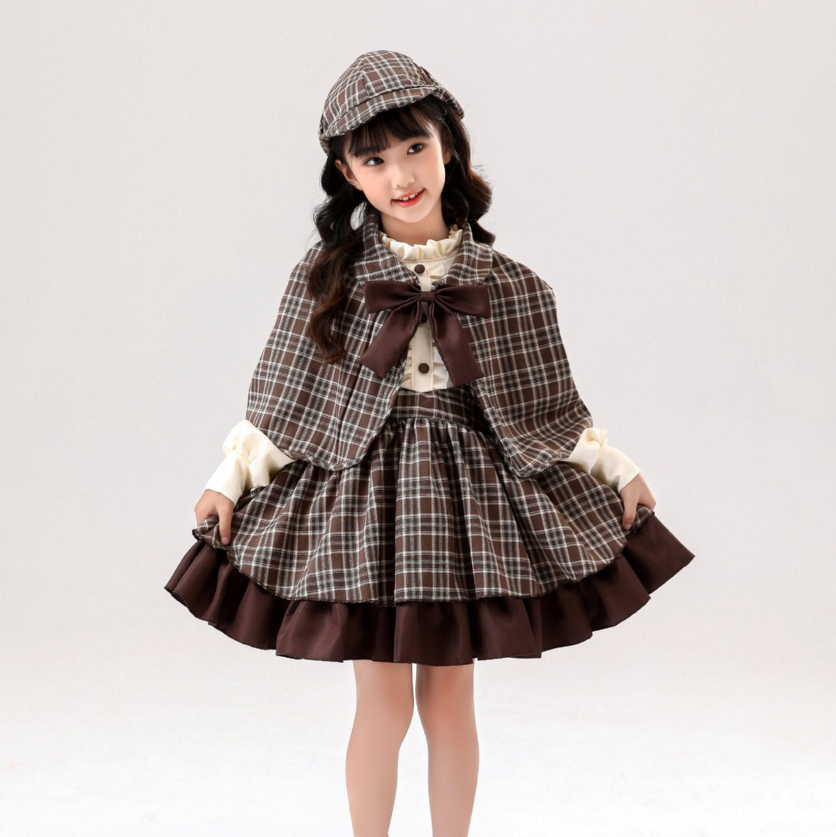 Brown plaid detective Halloween costume with capelet, bow, cream puff-sleeve blouse and ruffle-hem skirt - view 4
