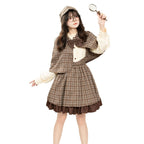 Brown plaid detective Halloween costume with capelet, bow, cream puff-sleeve blouse and ruffle-hem skirt - view 5
