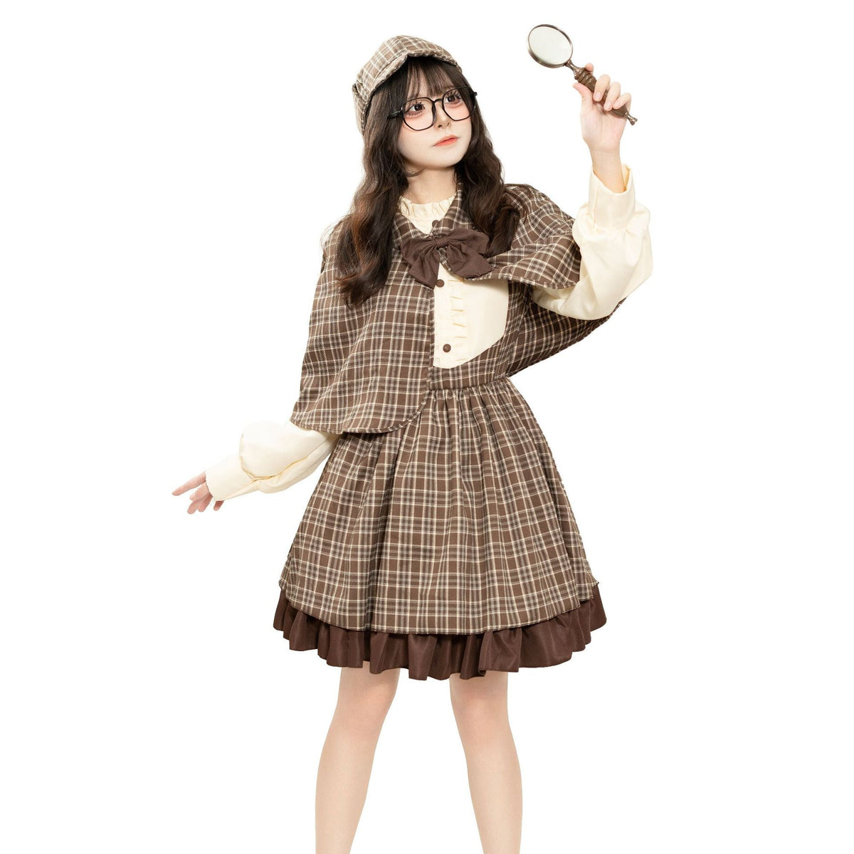 Brown plaid detective Halloween costume with capelet, bow, cream puff-sleeve blouse and ruffle-hem skirt - view 5