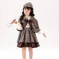 Brown plaid detective Halloween costume with capelet, bow, cream puff-sleeve blouse and ruffle-hem skirt - view 6